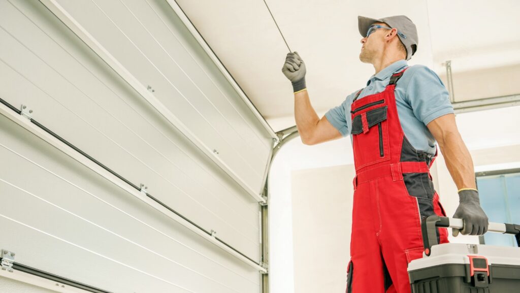 A Technician Holding a Tool Box Adjusts Part of the Inside of a Garage Door.