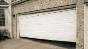 A garage door that is slightly askew, preventing it from closing.