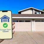 A phone reads Garage Door Closed on a smart technology app