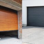 An image with a wooden garage on one side and a steel garage on the other.
