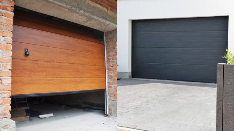 An image with a wooden garage on one side and a steel garage on the other.