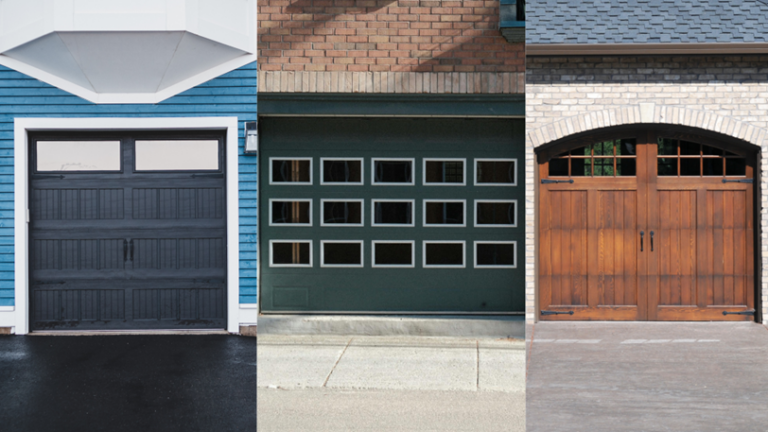 Three different images of garage doors, each distinct from one another.