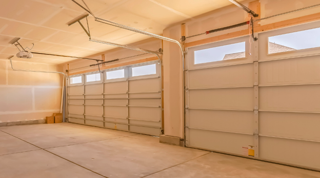 Spacious two-car garage interior with closed sectional garage doors, overhead door tracks, drywall-finished walls and ceiling, and a clean concrete floor illuminated by natural light from upper door windows.