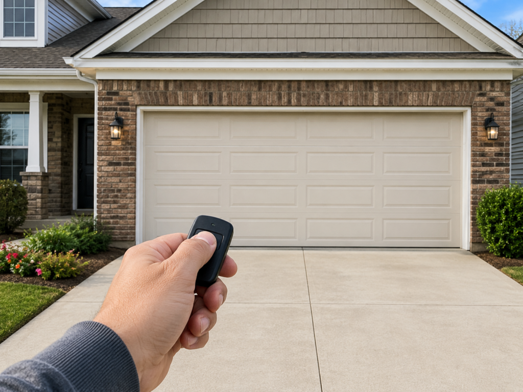 Hand presses a black remote toward a cream paneled garage door on a brick house with tan siding, green shrubs, and a smooth driveway.