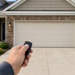 Hand presses a black remote toward a cream paneled garage door on a brick house with tan siding, green shrubs, and a smooth driveway.
