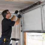 Technician in a black shirt and gloves repairs silver garage door tracks and springs beside textured white metal garage door panels.